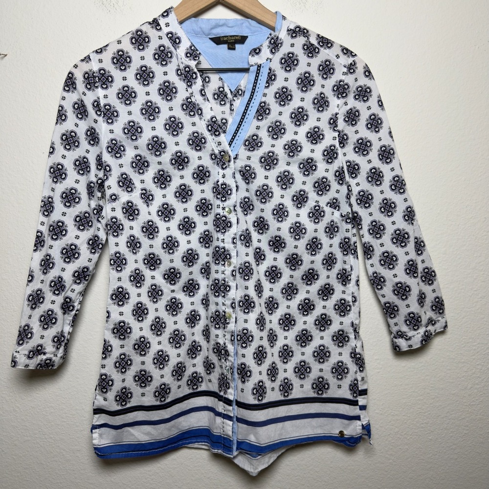 Cacharel Paris‎ Women Blouse Small Button Front Geometric 3/4 Sleeve Cotton